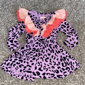 Girls' Purple Leopard Print Ruffle Dress with Pink and Coral Accents